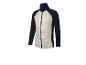 Une veste matelassée zippée bleu marine et beige.