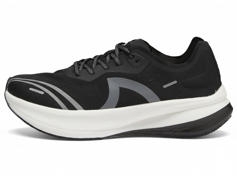 Zwarte heren hardloopschoenen met witte zool en grijze details.