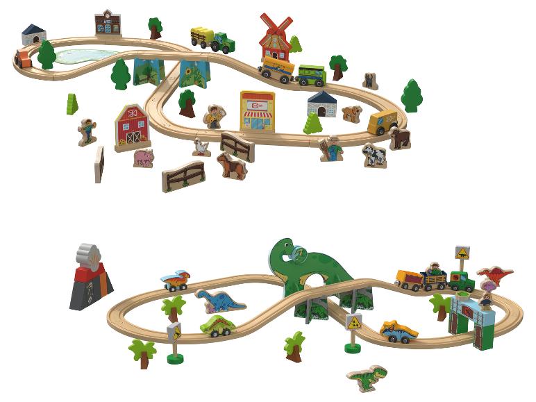 Houten treinset met boerderij- en dinosaurus-thema.