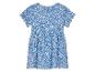 Een blauwe jurk met witte bloemenprint.