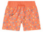 Shorts orange avec un motif de palmiers et de tongs.