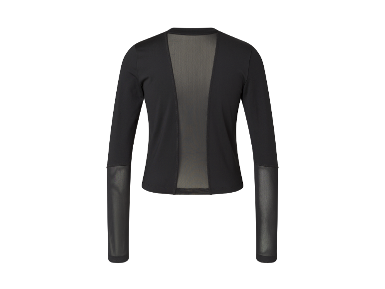 Cardigan noir pour femme à manches longues avec détails transparents.