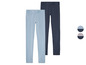 Twee paar leggings in lichtblauw en donkerblauw.