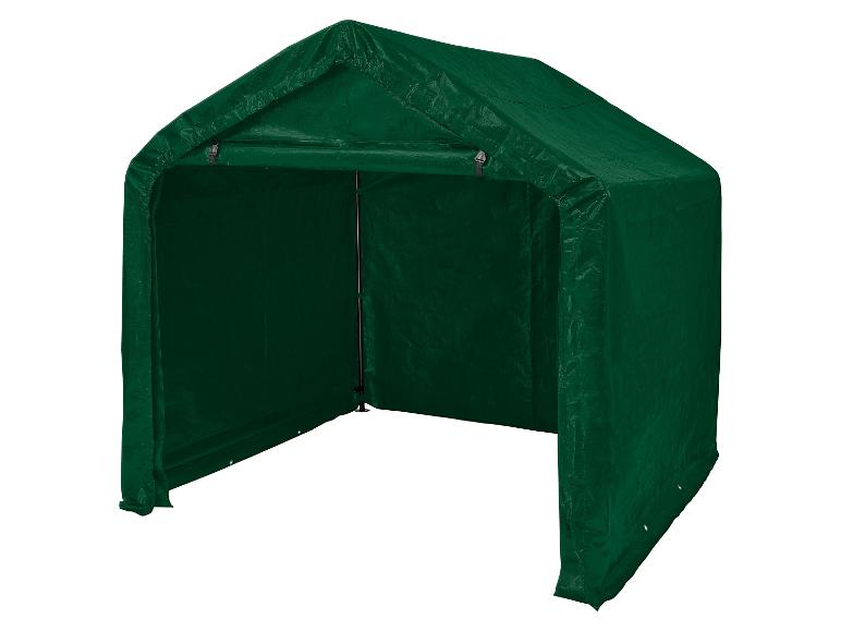 Tente de rangement verte avec une façade ouverte sur fond blanc.