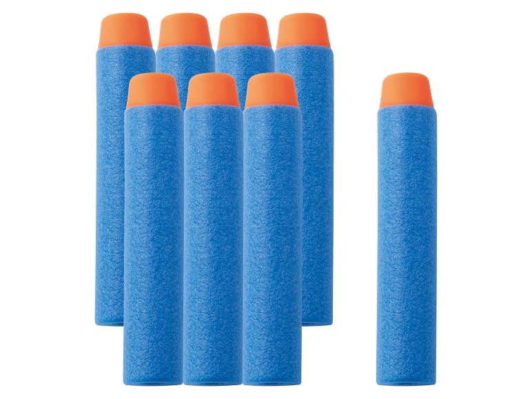Blauwe speelgoedpijltjes met oranje punten, verticaal gerangschikt.