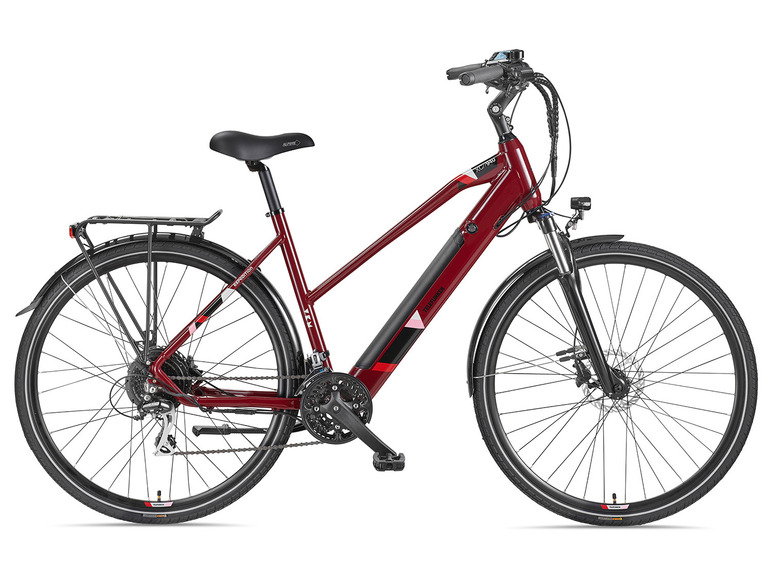 Een rode TTM e-bike met een bagagedrager.