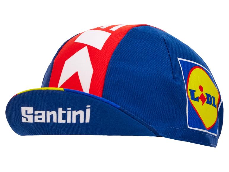 Casquette Santini cycliste bleu et rouge avec logo Lidl.