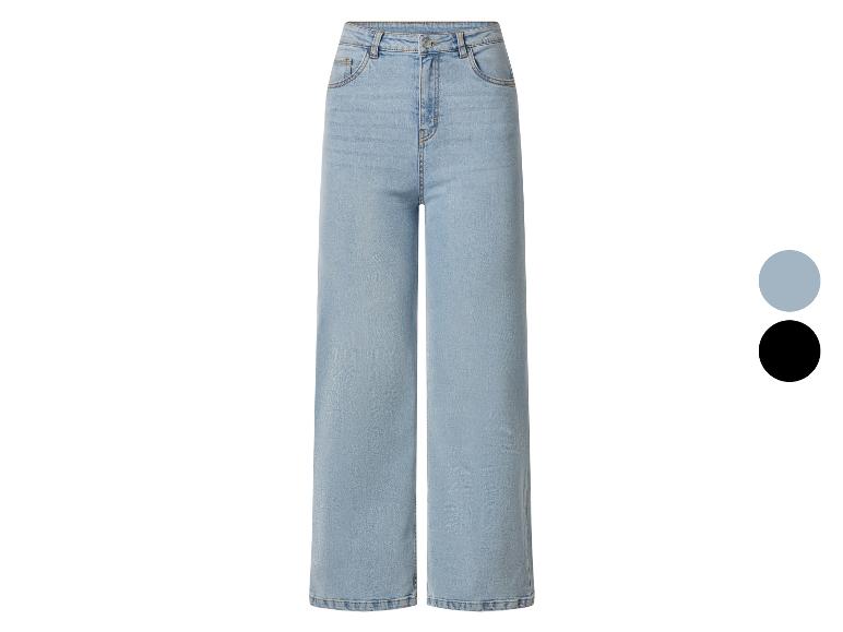 Jean large taille haute pour femme en bleu clair et noir.