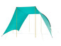Een turquoise tentdoek met gele tentstokken.