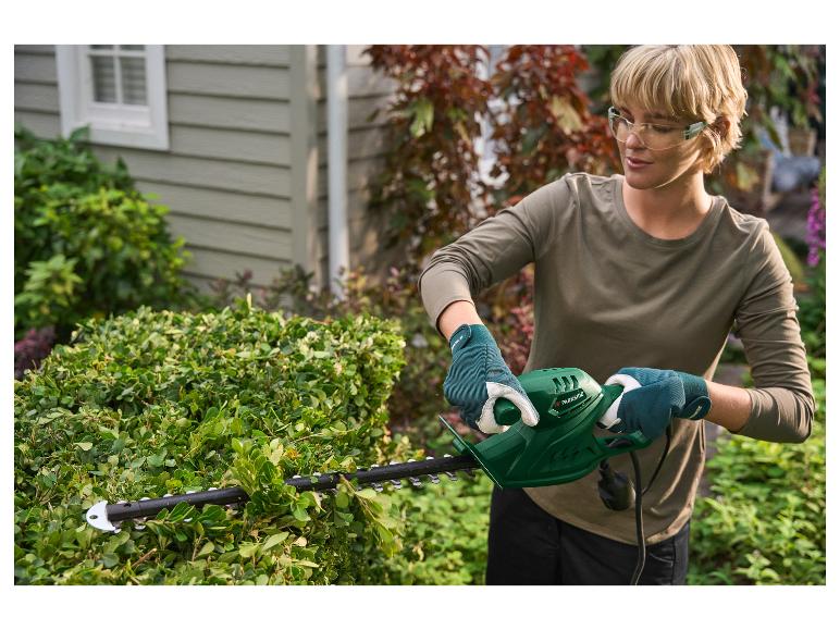 Vrouw met veiligheidsbril en handschoenen snoeit heg met elektrische heggenschaar.