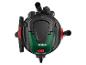 Aspirateur de jardin électrique noir et vert avec poignée et interrupteur rouge, vue de dessus.