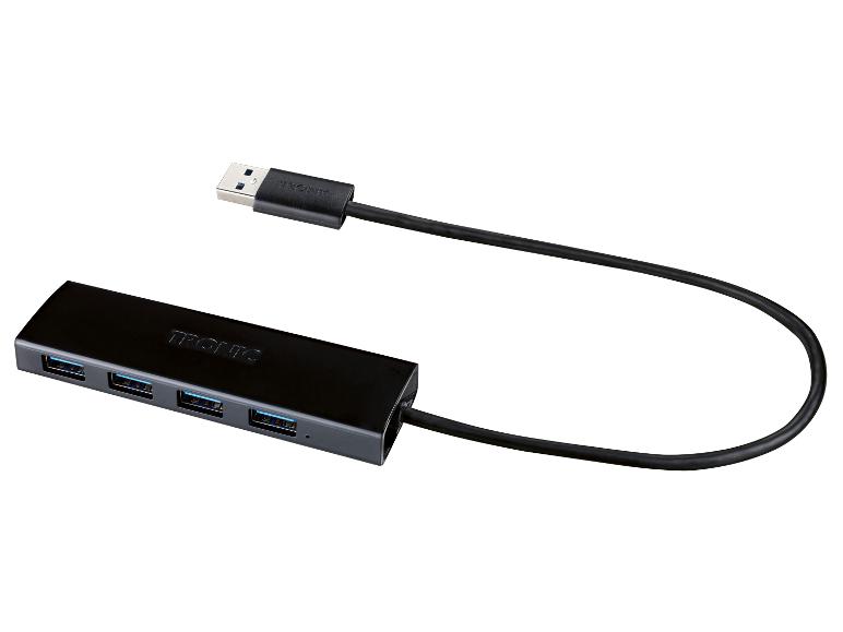 Un concentrateur USB noir de Tronic avec quatre ports.