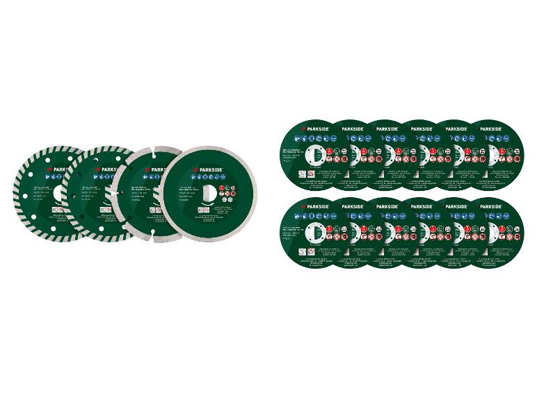 Disques à tronçonner et à ébarber Parkside pour meuleuses d'angle, avec spécifications de taille et de sécurité.