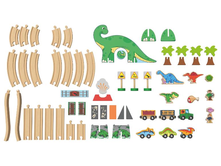 Houten speelset met dinosaurus-thema, inclusief treinrails, dinosaurussen en accessoires.