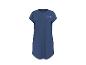Blauwe dames T-shirtjurk met opgerolde mouwen en een kleine 'Smile'-print met bloemen.