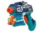 Blauw en groen speelgoedpistool met oranje pijltjes, gemarkeerd met 'MODEL' en 'RAPID FIRE'.