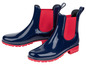 Twee paar blauwe regenlaarzen met rode details.