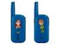 Twee blauwe walkietalkies met kinderillustraties, één met een meisje en één met een jongen.