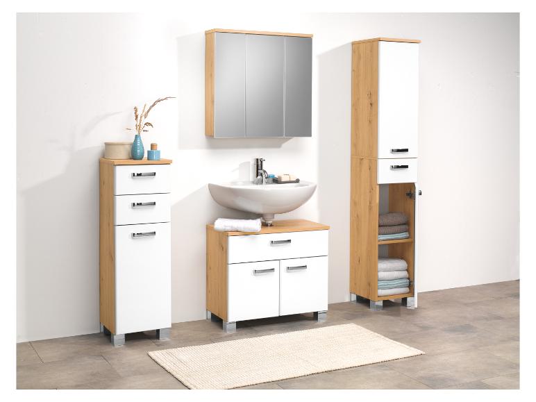 Meuble salle de bain : vasque, armoire miroir et colonne de rangement.