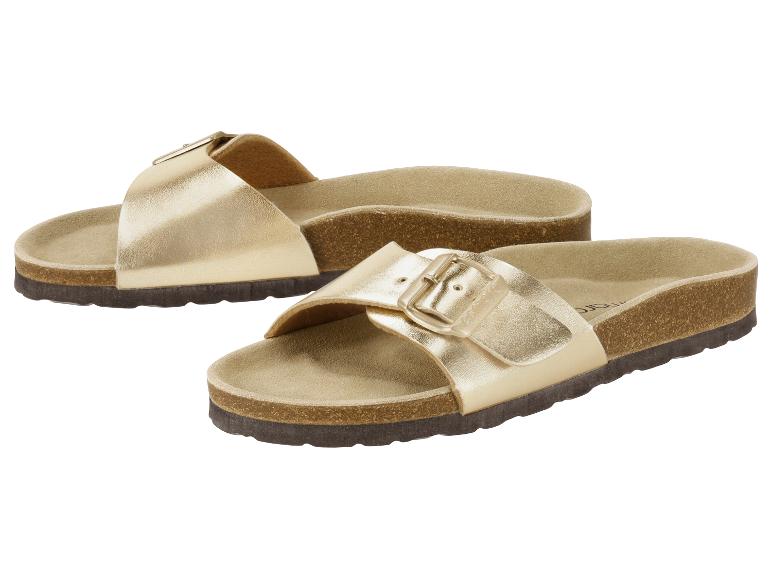 Gouden sandalen met enkele band en gesp, met kurken zool.