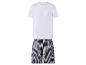 T-shirt blanc à manches courtes et short rayé bleu foncé.