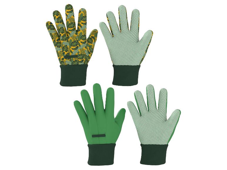 Tuinhandschoenen in drie ontwerpen: bladeren, groene stippen en effen groen.