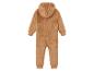 Een bruine baby romper met capuchon.