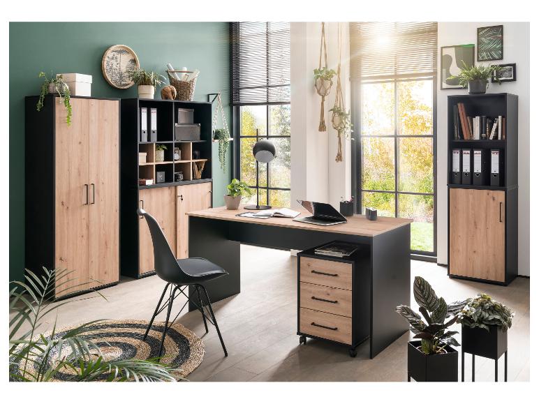 Bureau à domicile avec mobilier noir et effet bois, bureau, chaise et plantes.