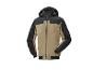 Zwart en beige jack met capuchon, ritssluiting aan de voorkant en geribbelde manchetten.