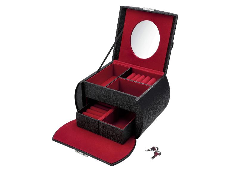 Open zwarte sieradendoos met rood fluwelen interieur, spiegel en twee sleutels.