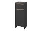 Smal, donkergrijs hoog dressoir met twee lichte houten lades.
