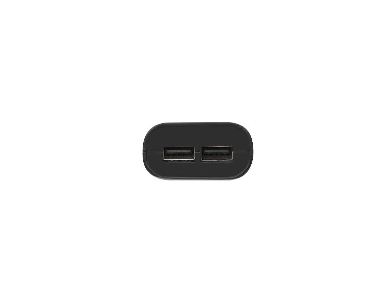 Een zwarte USB-lader met twee poorten.