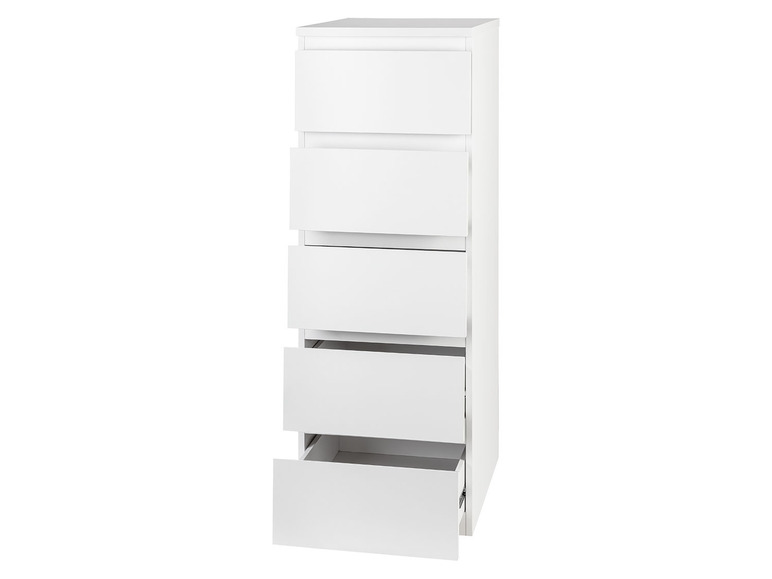 Une commode blanche avec un tiroir ouvert.