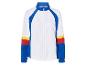 Wit en blauw jack, retro stijl, kleurrijke details.