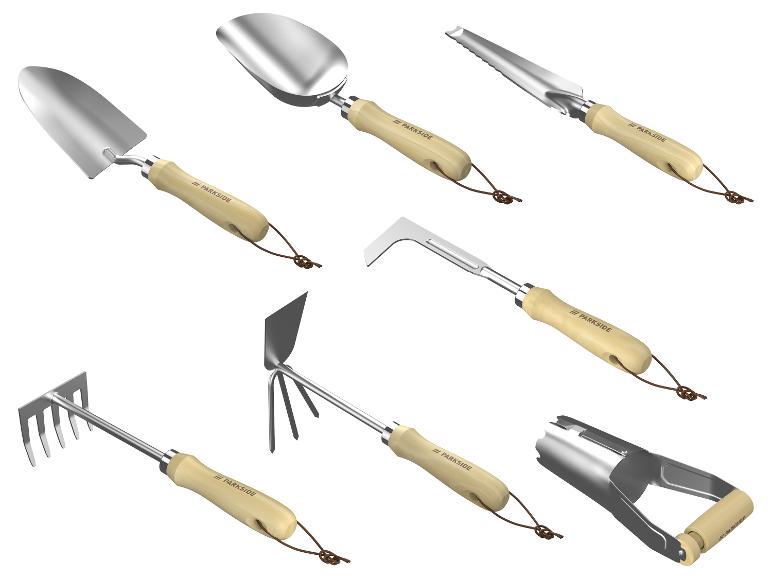 Parkside tuingereedschapset: schepjes, schoffel, hark en bollenplanter.