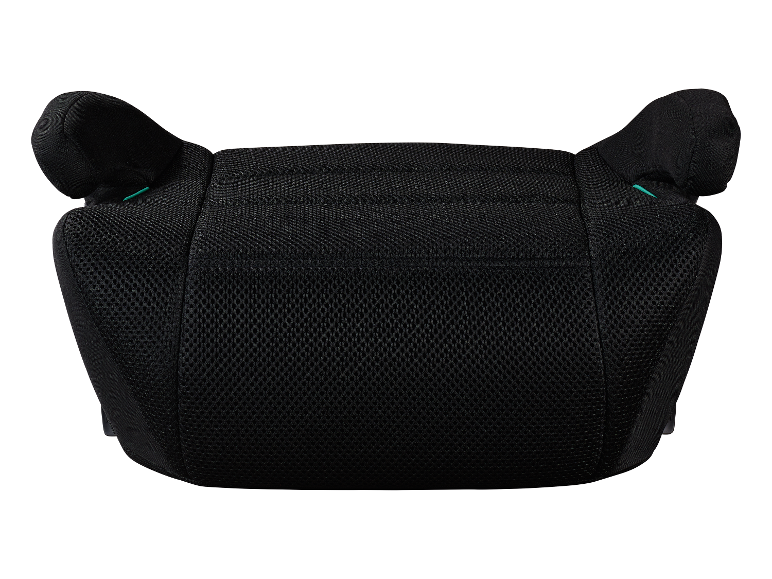 Zwarte kinderautostoel met turquoise details.