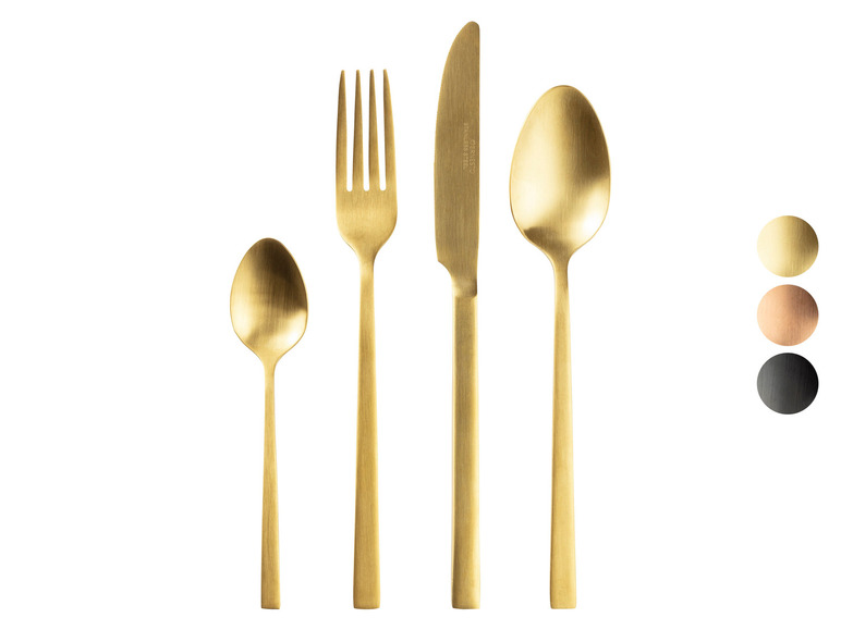 Une fourchette, un couteau et une cuillère dorées de la marque CERVESTO.