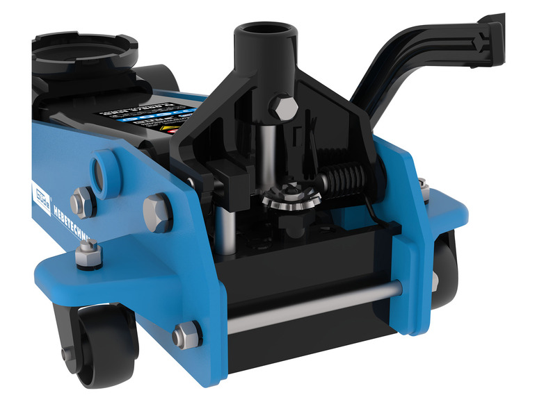 Un cric hydraulique bleu avec une poignée noire de la marque Güde.
