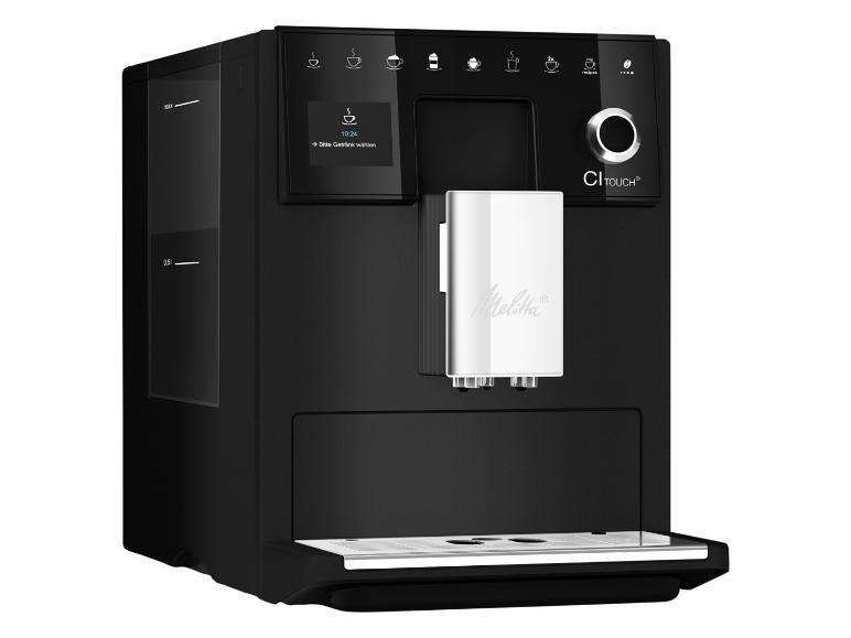 Machine à café noire Melitta CI Touch avec écran et panneau de commande.