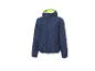 Donkerblauwe jas met capuchon en felgele voering