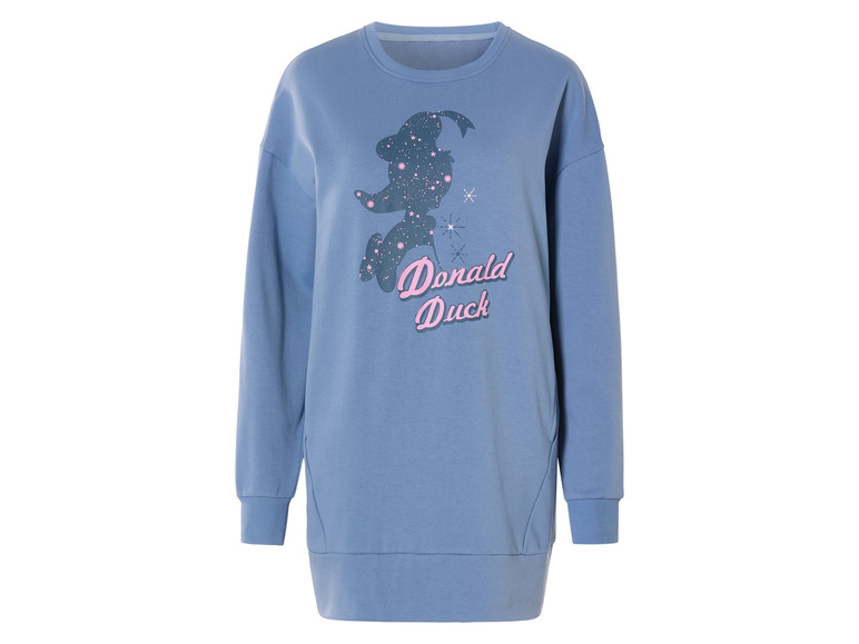 Een lichtblauwe sweatshirtjurk met Donald Duck print.