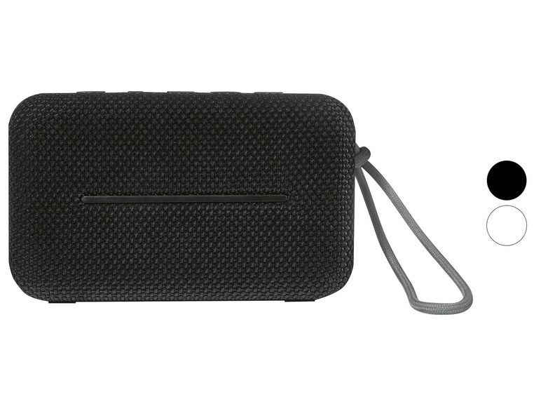 Een zwarte draagbare Bluetooth-luidspreker met een grijs touwtje.
