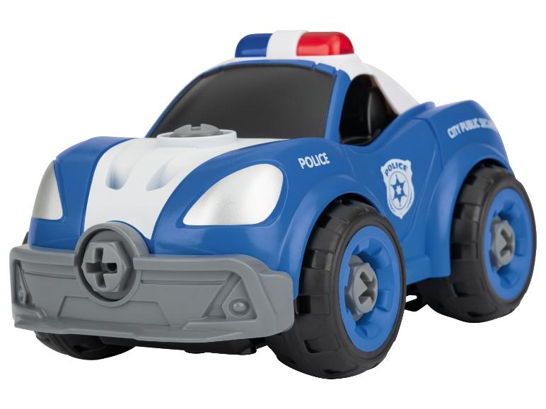Une voiture de police jouet bleue avec des roues qui tournent.