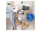 Baby-eetstoel van bamboe en grijs hout met blauwe sticker 