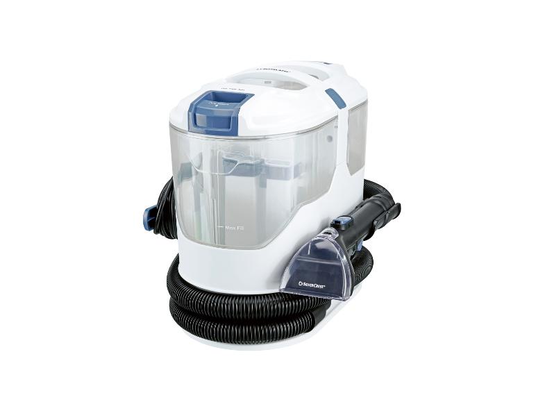 Wit en blauw tapijtreiniger met transparant waterreservoir en slang
