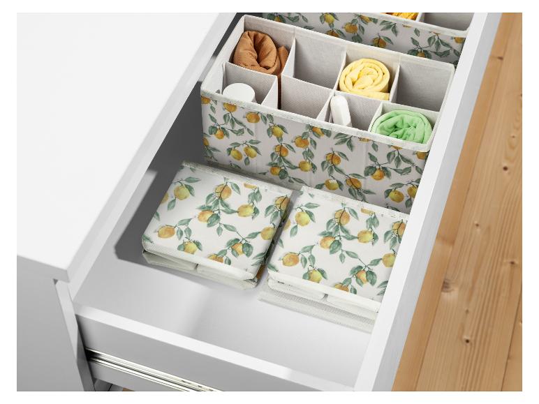 Opbergers voor laden met citroenprint, dividers en opvouwbare dozen.