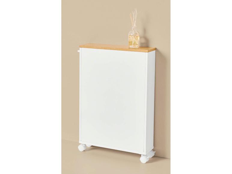 Meuble de rangement blanc étroit sur roulettes avec plateau en bois et diffuseur à bâtonnets.