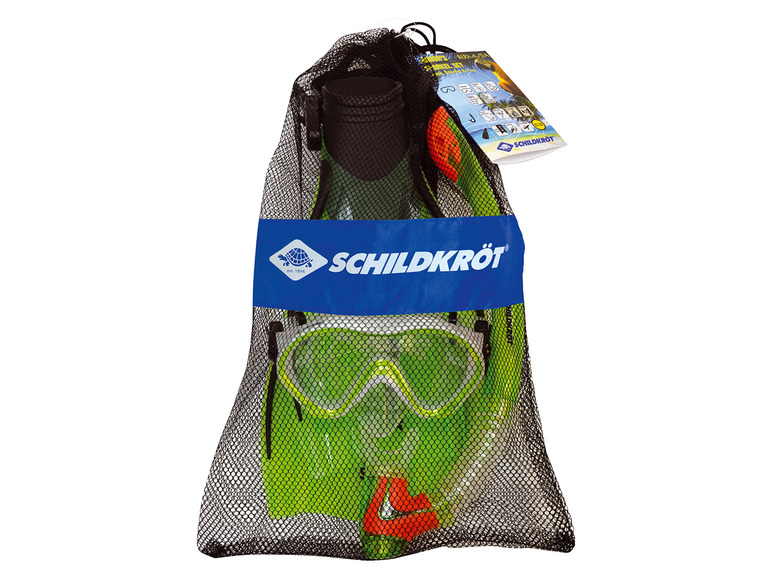 Masque de plongée, tuba et palmes Schildkröt dans un sac en filet.