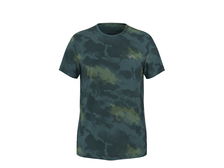 Heren sport T-shirt met korte mouwen in donkergroen met camouflagepatroon en lichtgroene strepen.