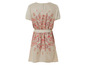 Beige jurk met korte mouwen en bloemenprint.